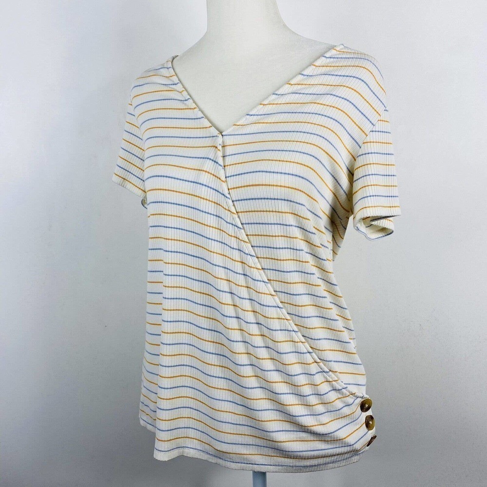 Ann Taylor LOFT Size Small Striped Ribbed Drape Knit Top Yellow Blue